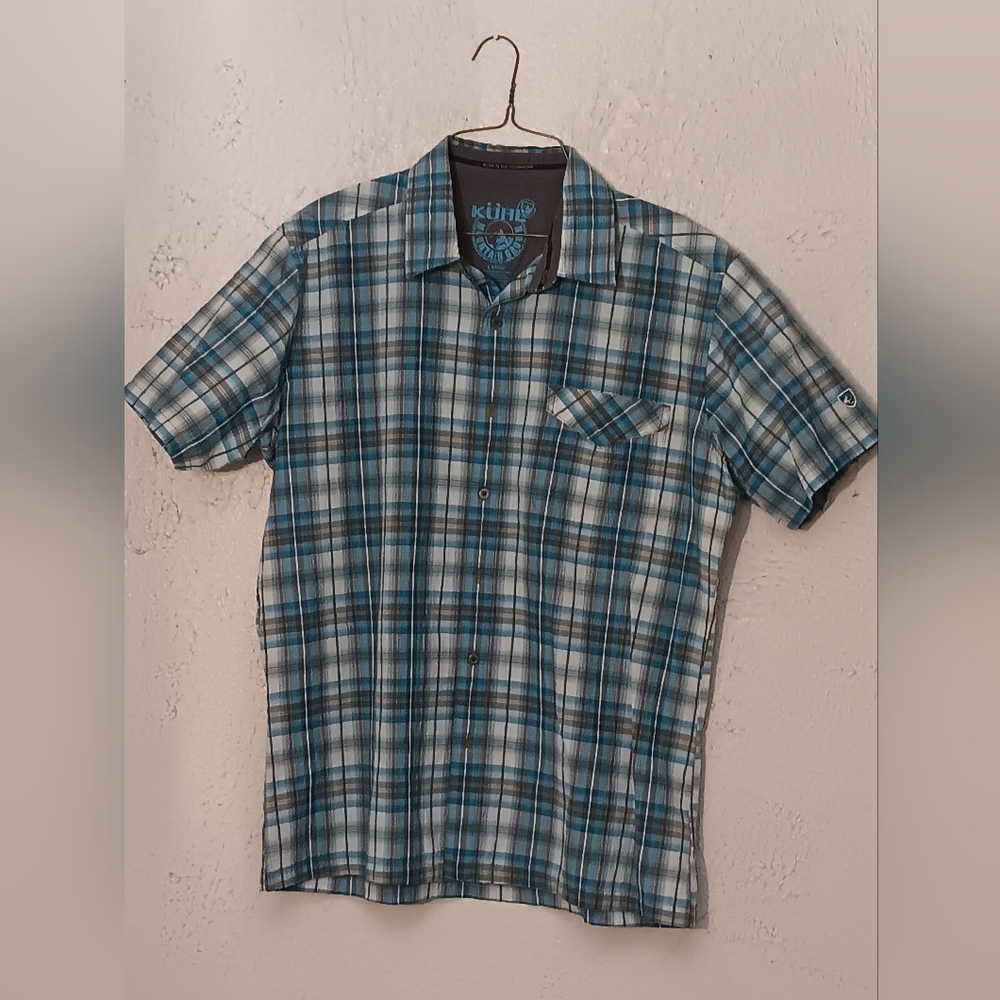 Kuhl Shirt Men Large Button Front Woven Blue Plaid Mountain Grown